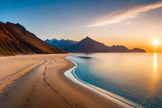 the sun sets over a beach and mountains. AI-Generated photo