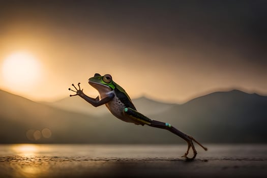 a frog jumping in the air at sunset. AI-Generated photo
