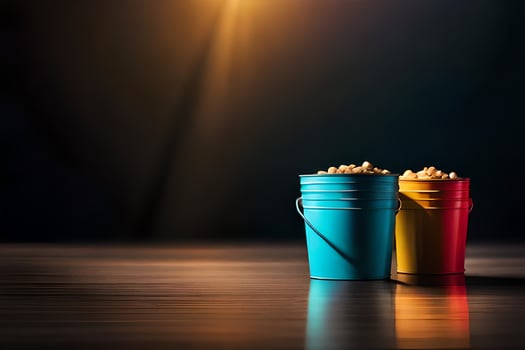 two buckets of popcorn on a table. AI-Generated photo