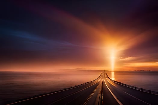 a long bridge with a light shining down on it. AI-Generated photo
