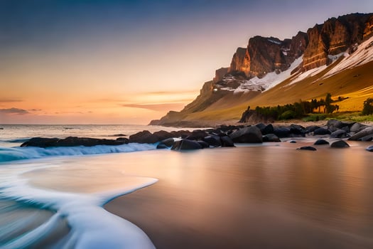 a beautiful sunset over the ocean and mountains. AI-Generated photo
