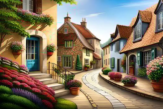 an illustration of a street in a small town. AI-Generated photo