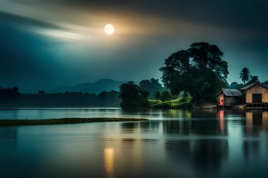 a house on the water with a full moon. AI-Generated photo