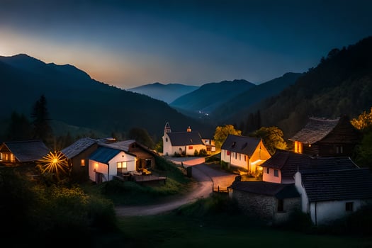 photo wallpaper the sky, mountains, night, village, house, road, road, road,. AI-Generated