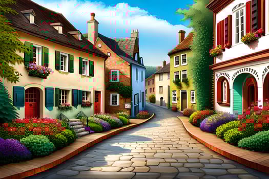 an illustration of a street in a town with flowers and flowers. AI-Generated photo