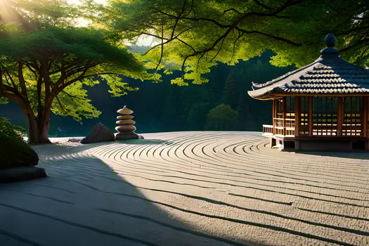 a japanese garden with a pagoda and trees. AI-Generated photo