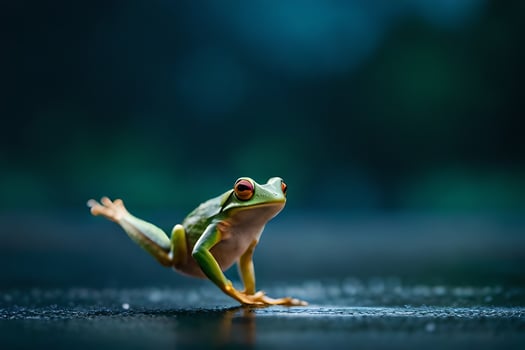 a frog is standing on its hind legs on a wet surface. AI-Generated photo