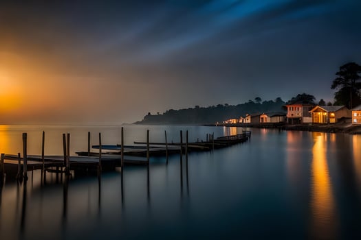 a long exposure photograph of a dock at sunset. AI-Generated photo