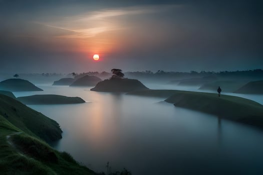 the sun rises over a lake and some hills. AI-Generated photo