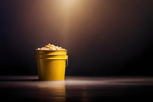 a bucket of popcorn on a dark table. AI-Generated photo