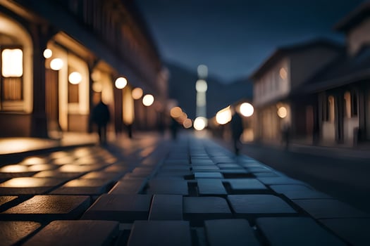 a street at night with people walking on it. AI-Generated photo