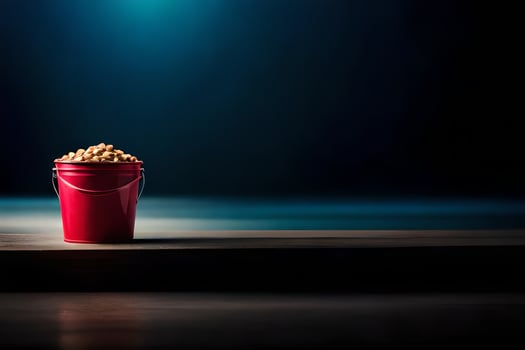a red bucket filled with peanuts on a wooden table. AI-Generated photo