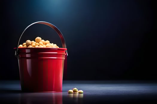 a red bucket filled with peanuts on a dark background. AI-Generated photo