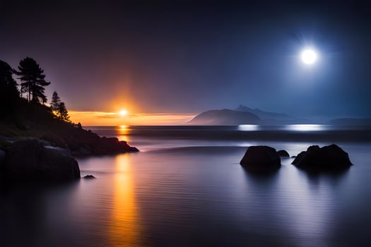 the moon is shining over the ocean at night. AI-Generated photo