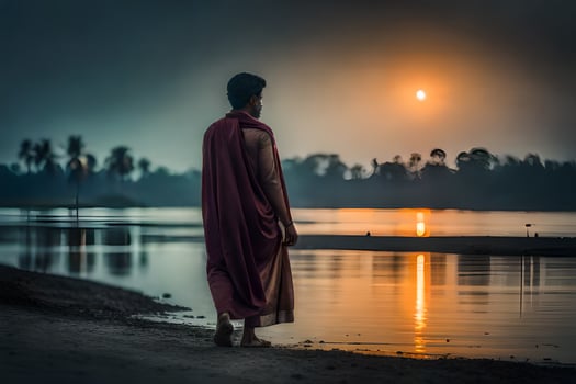a monk standing on the shore of a lake at sunset. AI-Generated photo
