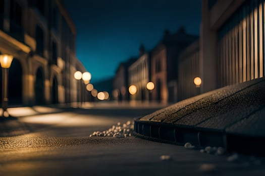 a street at night with lights on the ground. AI-Generated photo