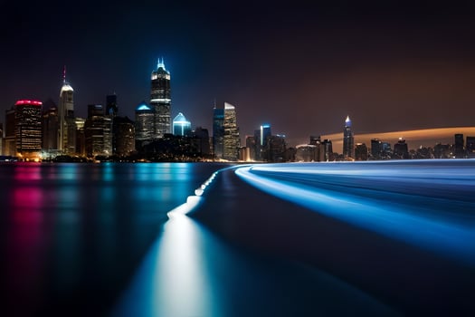 a long exposure photograph of the city skyline at night. AI-Generated photo