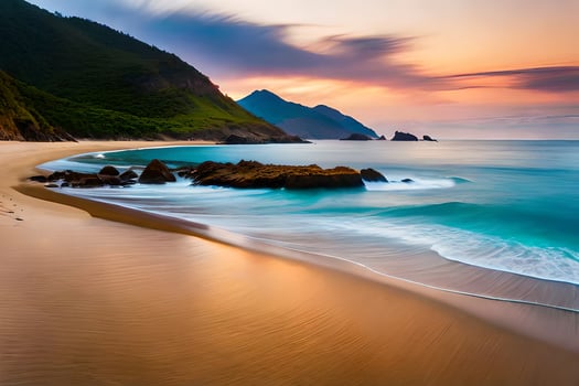 a beautiful beach at sunset with waves crashing on the sand. AI-Generated photo