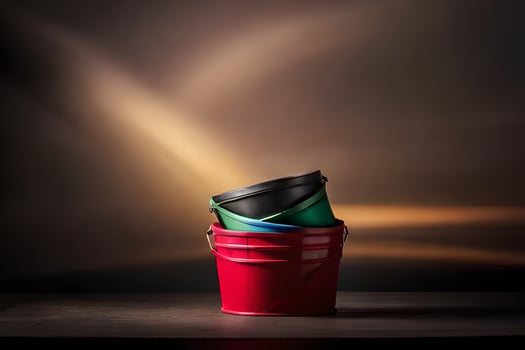 a red and black bucket sitting on a table. AI-Generated photo