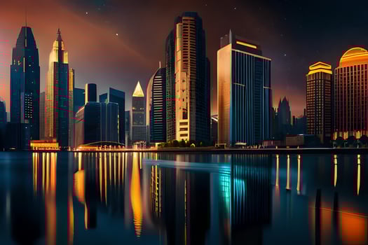 the city of dubai is reflected in the water. AI-Generated photo