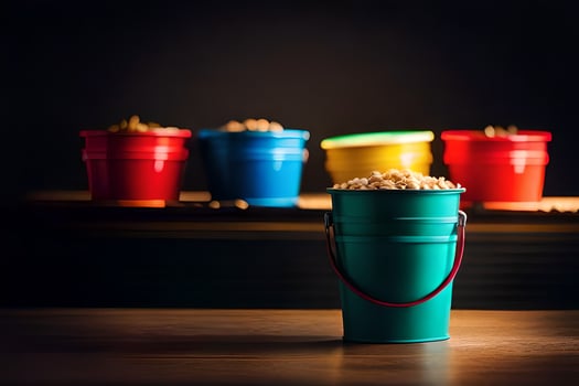 a bucket of popcorn on a table. AI-Generated photo