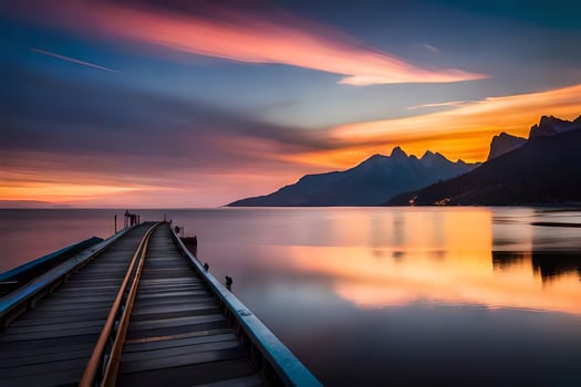 a pier in the middle of a lake at sunset. AI-Generated photo