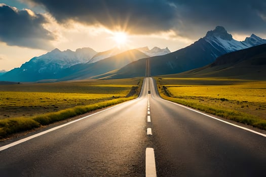 a long road with the sun shining in the distance. AI-Generated photo