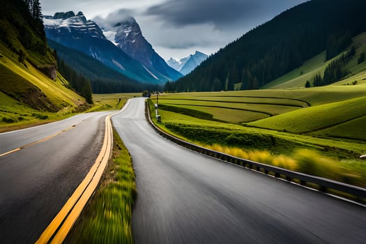 a long road with mountains in the background. AI-Generated photo