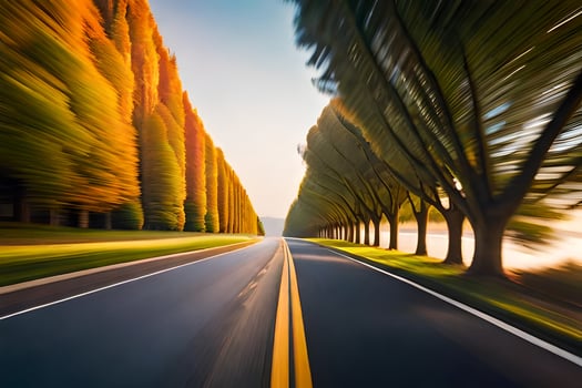 a blurry image of a road with trees. AI-Generated photo