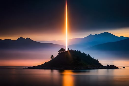 a light beam is shining on an island in the middle of the ocean. AI-Generated photo