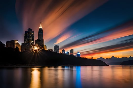 the city skyline at sunset with a long exposure. AI-Generated photo