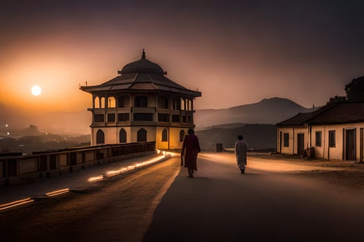 two people walking down a road at sunset. AI-Generated photo