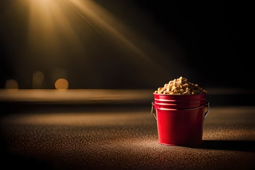 a bucket of popcorn on a table in front of a bright light. AI-Generated photo