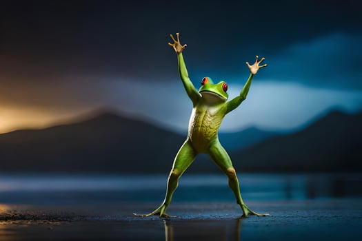 a frog standing on its hind legs with its arms up in the air. AI-Generated photo