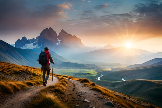 a man with backpack walking on a trail in the mountains. AI-Generated photo