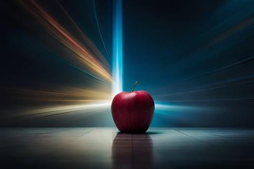 an apple is sitting on a table with a light shining on it. AI-Generated photo