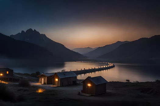 a lake and a pier at night with a mountain in the background. AI-Generated photo