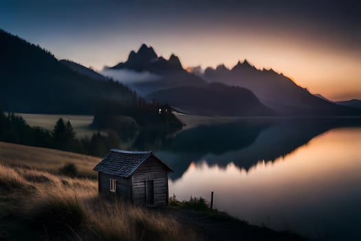 a small cabin sits on the shore of a lake at sunset. AI-Generated photo