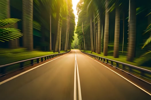 a road in the middle of a forest with trees. AI-Generated photo