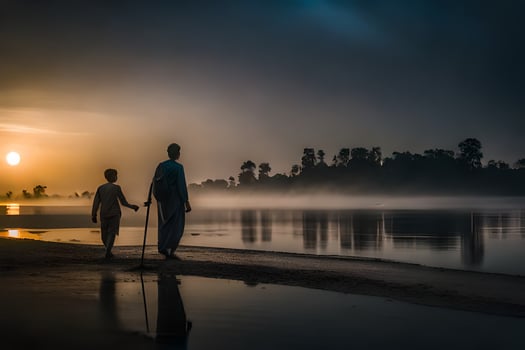 two people walking along the shore at sunset. AI-Generated photo