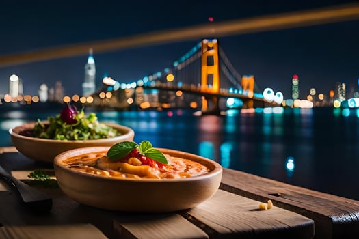 the food is served on a wooden table with a view of the bay. AI-Generated photo