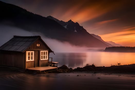 a small cabin sits on the shore of a lake at sunset. AI-Generated photo