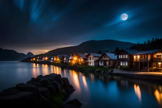 photo wallpaper the sky, moon, water, houses, the sea, the moon, the night. AI-Generated
