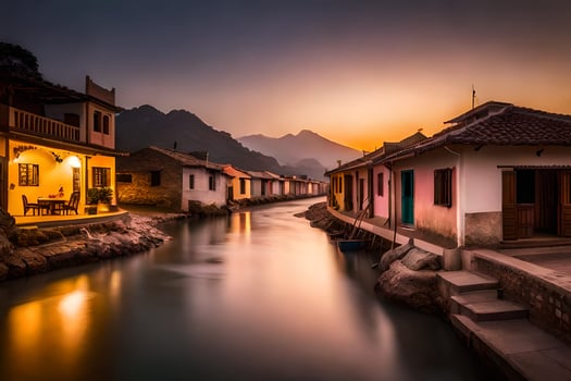 a river runs through a village at sunset. AI-Generated photo