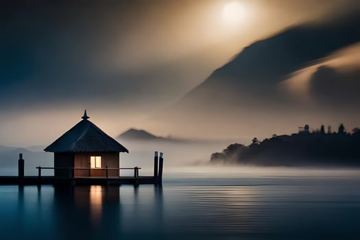 a small house sits on a dock in the middle of a lake. AI-Generated photo