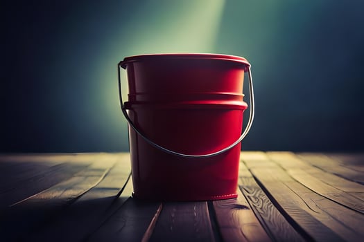 a red bucket on a wooden floor. AI-Generated photo