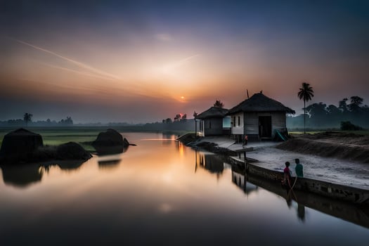 a man and a woman are standing on the shore of a river at sunset. AI-Generated photo