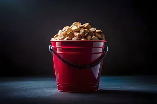 a red bucket filled with peanuts on a dark background. AI-Generated photo