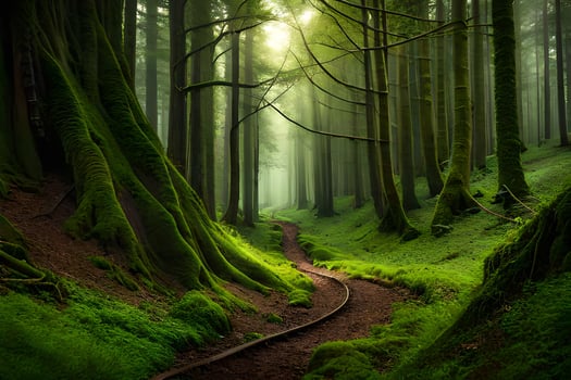 a path through a green forest with trees and trees. AI-Generated photo