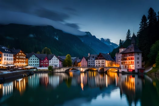 photo wallpaper the sky, water, mountains, town, bridge, house, house, house,. AI-Generated